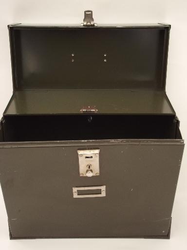photo of vintage metal file box, mid-century machine age locking office file / cash box #6
