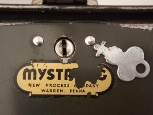 photo of vintage metal file box, mid-century machine age locking office file / cash box #10