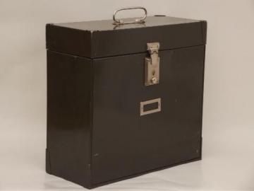 catalog photo of vintage metal file box, mid-century machine age locking office file / cash box