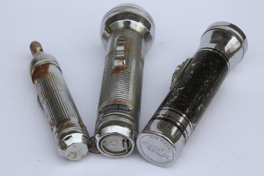 photo of vintage metal flashlights, lot of Eveready & Ray-o-Vac flashlight restoration parts #2