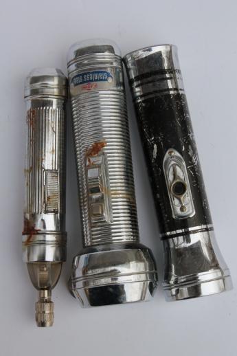 photo of vintage metal flashlights, lot of Eveready & Ray-o-Vac flashlight restoration parts #9