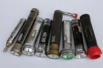 catalog photo of vintage metal flashlights, lot of Eveready & Ray-o-Vac flashlight restoration parts