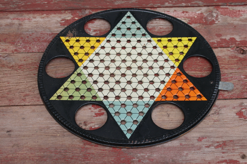 photo of vintage metal game board Chinese Checkers Ohio Art colorful star on black wall art hanging  #1