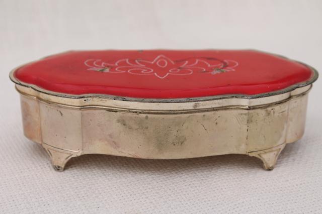 photo of vintage metal jewelry casket / trinket box with enameled design, honeybees on red #3