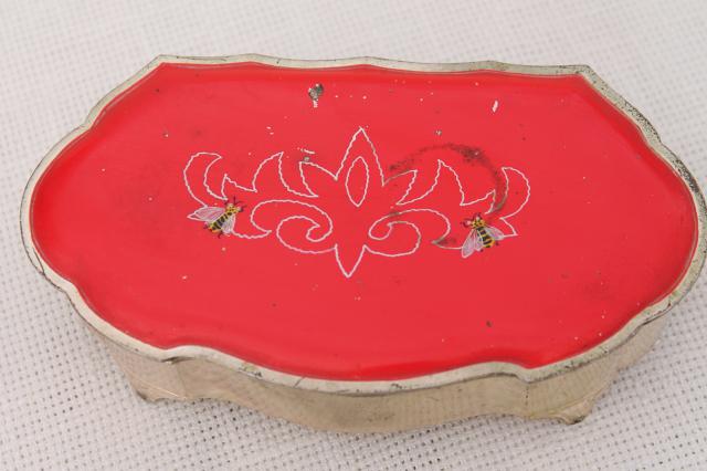 photo of vintage metal jewelry casket / trinket box with enameled design, honeybees on red #4