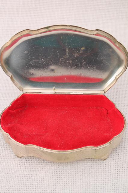 photo of vintage metal jewelry casket / trinket box with enameled design, honeybees on red #7
