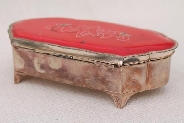 photo of vintage metal jewelry casket / trinket box with enameled design, honeybees on red #8
