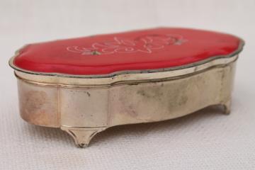 catalog photo of vintage metal jewelry casket / trinket box with enameled design, honeybees on red