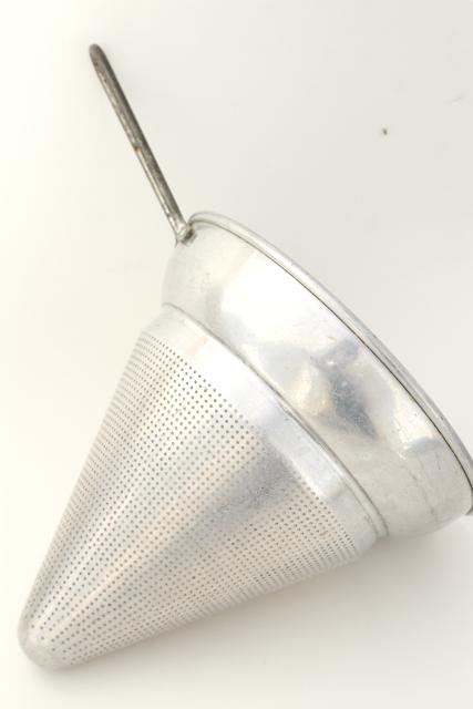 photo of vintage metal kitchen strainer sieve colander, aluminum cone food mill basket  #1