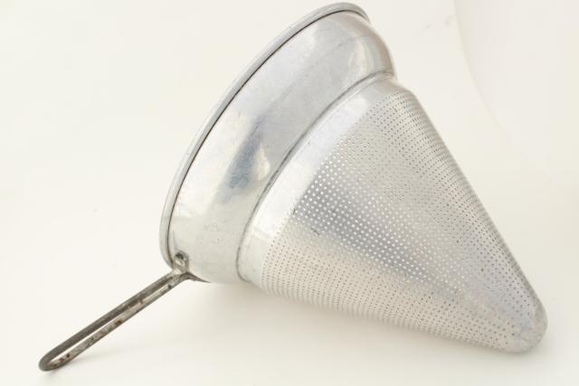 photo of vintage metal kitchen strainer sieve colander, aluminum cone food mill basket  #5