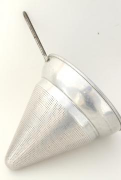 catalog photo of vintage metal kitchen strainer sieve colander, aluminum cone food mill basket 