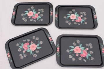 catalog photo of vintage metal lap trays, flowers on black print toleware tin tray set of four