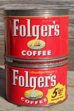 catalog photo of vintage metal lid coffee can lot, old litho print Folger's coffee advertising