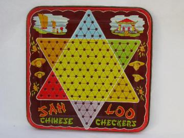 catalog photo of vintage metal litho San Loo Chinese Checkers game board, St. Louis