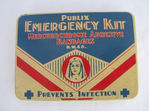 photo of vintage metal litho first aid kit bandage tin, nurse in uniform illustration #1