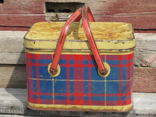 photo of vintage metal litho picnic basket hamper tin, red & blue plaid print #1