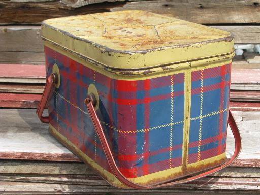 photo of vintage metal litho picnic basket hamper tin, red & blue plaid print #2