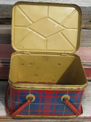 photo of vintage metal litho picnic basket hamper tin, red & blue plaid print #3