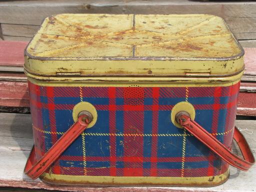 photo of vintage metal litho picnic basket hamper tin, red & blue plaid print #5