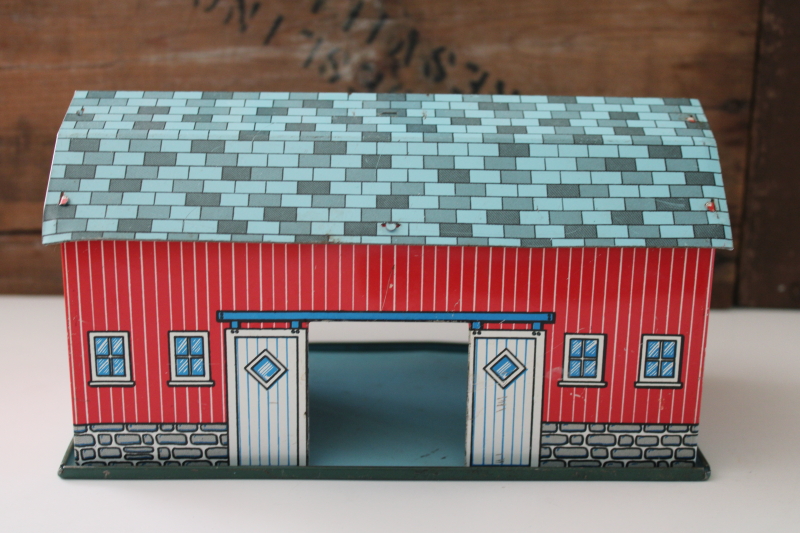 photo of vintage metal litho toy barn, red stable w/ aqua roof tin farm building Ohio Art or Marx toy  #1