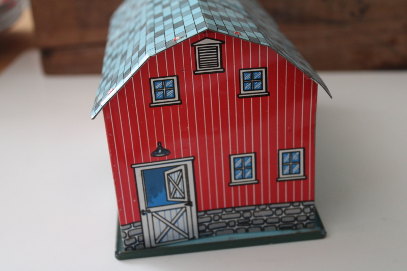 photo of vintage metal litho toy barn, red stable w/ aqua roof tin farm building Ohio Art or Marx toy  #4