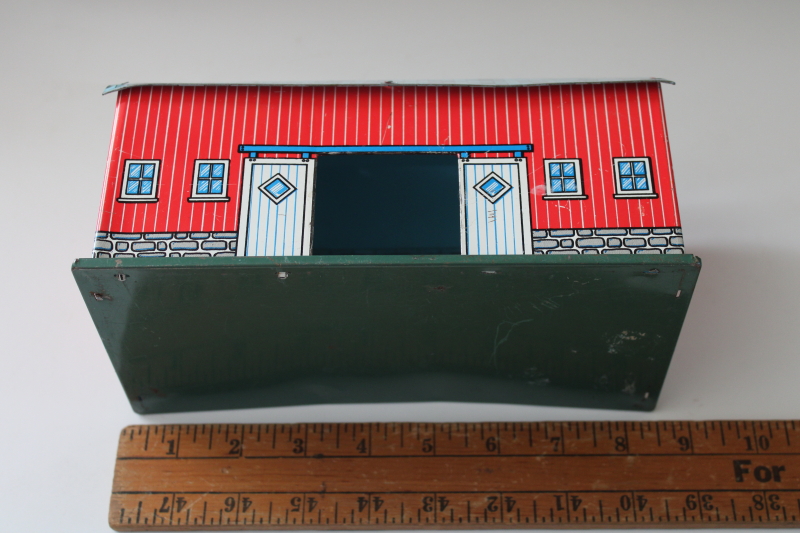 photo of vintage metal litho toy barn, red stable w/ aqua roof tin farm building Ohio Art or Marx toy  #7