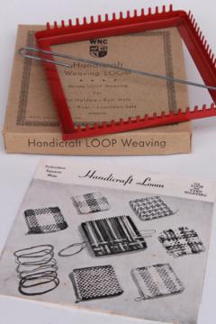 catalog photo of vintage metal looper loom, Handicraft lap frame loom for loop woven pot holder squares