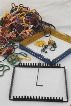 catalog photo of vintage metal looper looms, lap loom lot for loop woven pot holder squares 