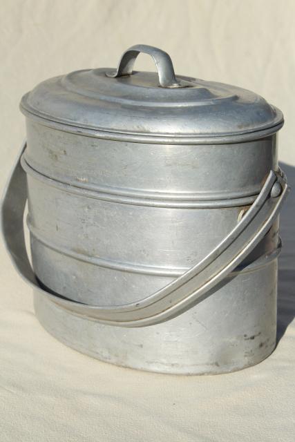 photo of vintage metal lunch bucket, Wearever aluminum stacking tiffin box miners lunch pail #1