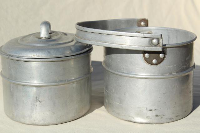 photo of vintage metal lunch bucket, Wearever aluminum stacking tiffin box miners lunch pail #2