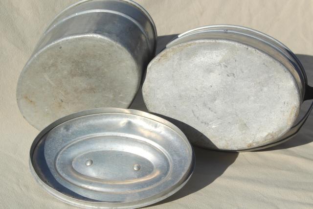 photo of vintage metal lunch bucket, Wearever aluminum stacking tiffin box miners lunch pail #6