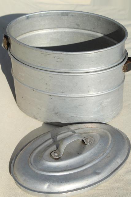photo of vintage metal lunch bucket, Wearever aluminum stacking tiffin box miners lunch pail #8
