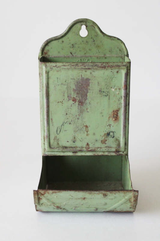 photo of vintage metal match safe w/ worn green paint, wall hanging holder for large box of kitchen matches  #1