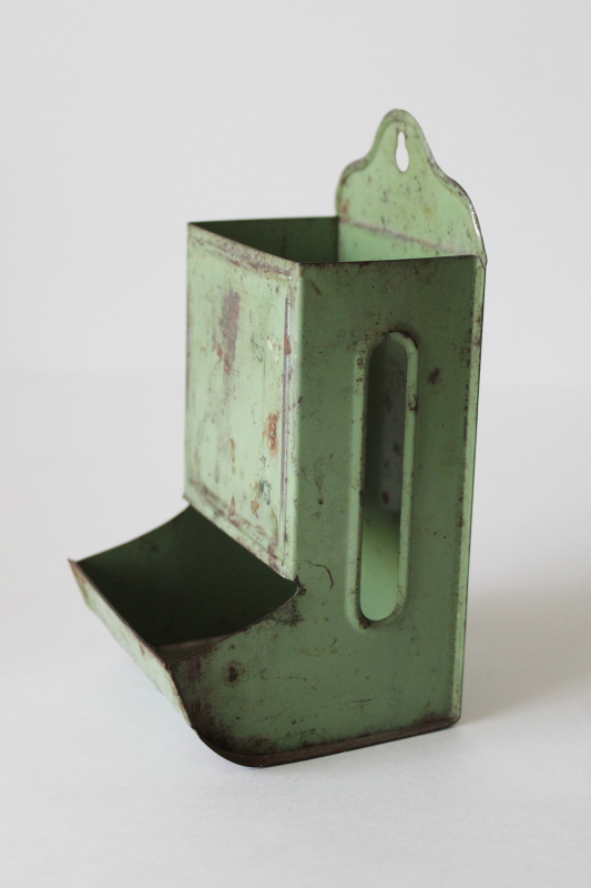 photo of vintage metal match safe w/ worn green paint, wall hanging holder for large box of kitchen matches  #2