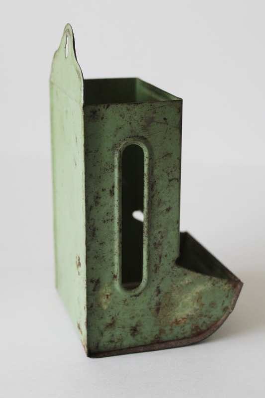 photo of vintage metal match safe w/ worn green paint, wall hanging holder for large box of kitchen matches  #3