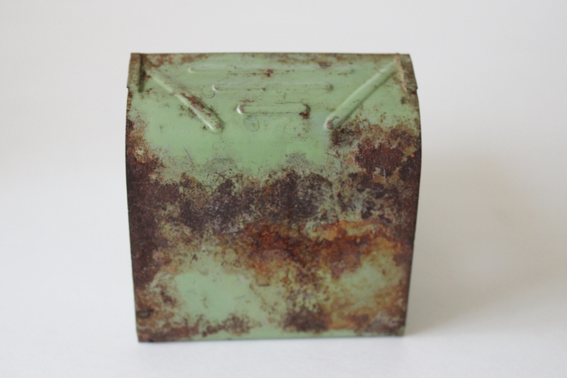 photo of vintage metal match safe w/ worn green paint, wall hanging holder for large box of kitchen matches  #4