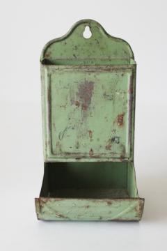 catalog photo of vintage metal match safe w/ worn green paint, wall hanging holder for large box of kitchen matches 
