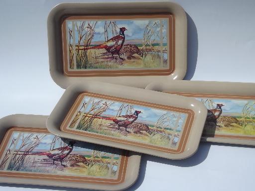 photo of vintage metal meal or snack trays, lap tray set w/ game bird pheasants #1