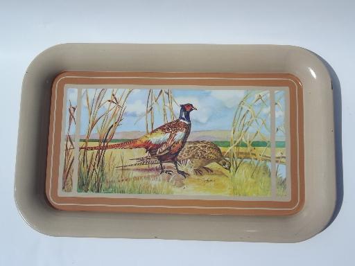 photo of vintage metal meal or snack trays, lap tray set w/ game bird pheasants #3