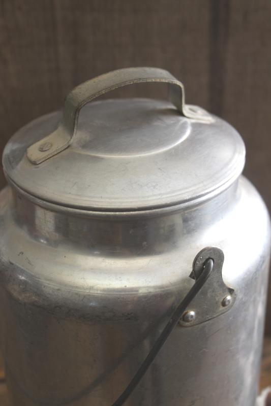 photo of vintage metal milk pail or cream can, one gallon aluminum bucket w/ lid, wire handle #6