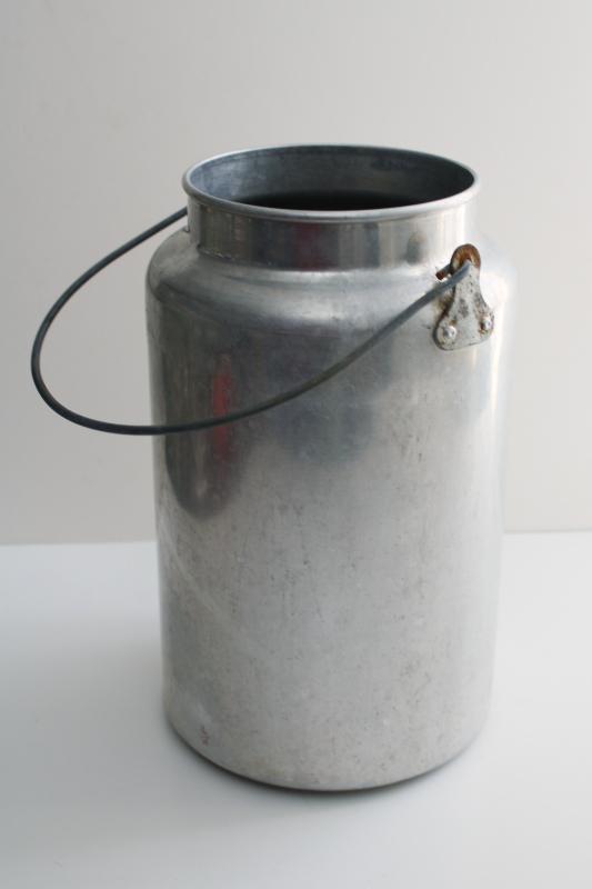 photo of vintage metal milk pail, wire handle cream can - rustic farm primitive flower bucket #1