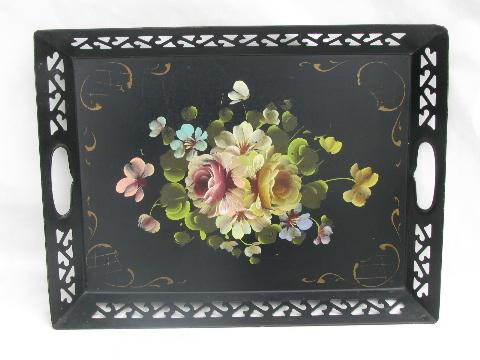 photo of vintage metal openwork tole tray, hand-painted flowers floral bouquet #1