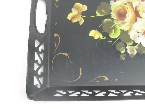 photo of vintage metal openwork tole tray, hand-painted flowers floral bouquet #3