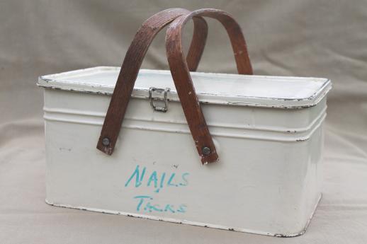 photo of vintage metal picnic basket, small picnic hamper w/ wood handles, old cookie / cracker tin #1