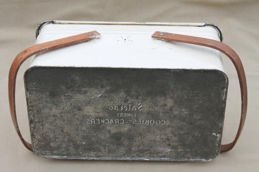 photo of vintage metal picnic basket, small picnic hamper w/ wood handles, old cookie / cracker tin #2