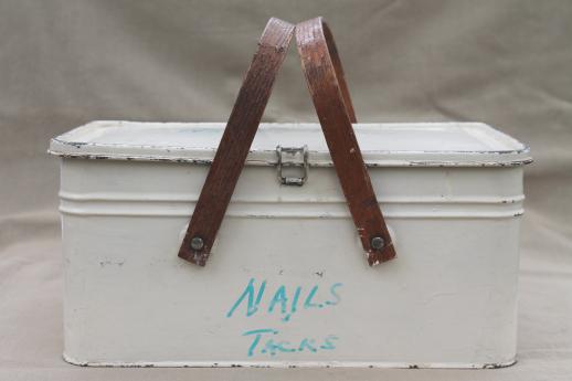 photo of vintage metal picnic basket, small picnic hamper w/ wood handles, old cookie / cracker tin #4