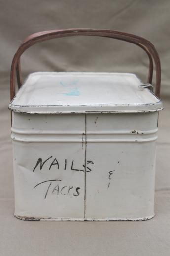 photo of vintage metal picnic basket, small picnic hamper w/ wood handles, old cookie / cracker tin #5