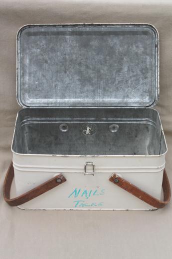 photo of vintage metal picnic basket, small picnic hamper w/ wood handles, old cookie / cracker tin #9