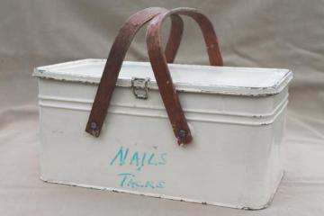 catalog photo of vintage metal picnic basket, small picnic hamper w/ wood handles, old cookie / cracker tin