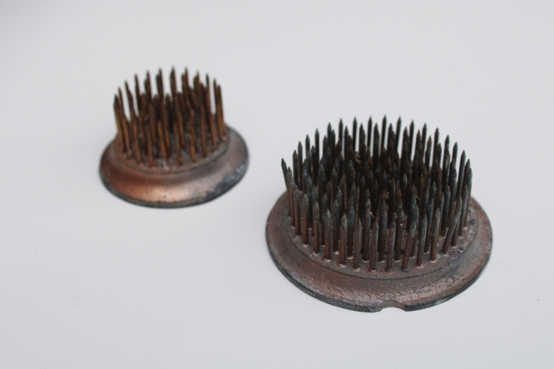 photo of vintage metal pin flower frogs, small heavy round flower holders w/ brass spikes  #1